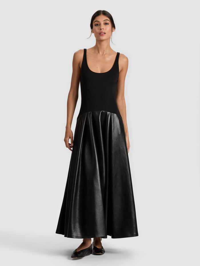ADLEY DROP WAIST VEGAN DRESS - BLACK