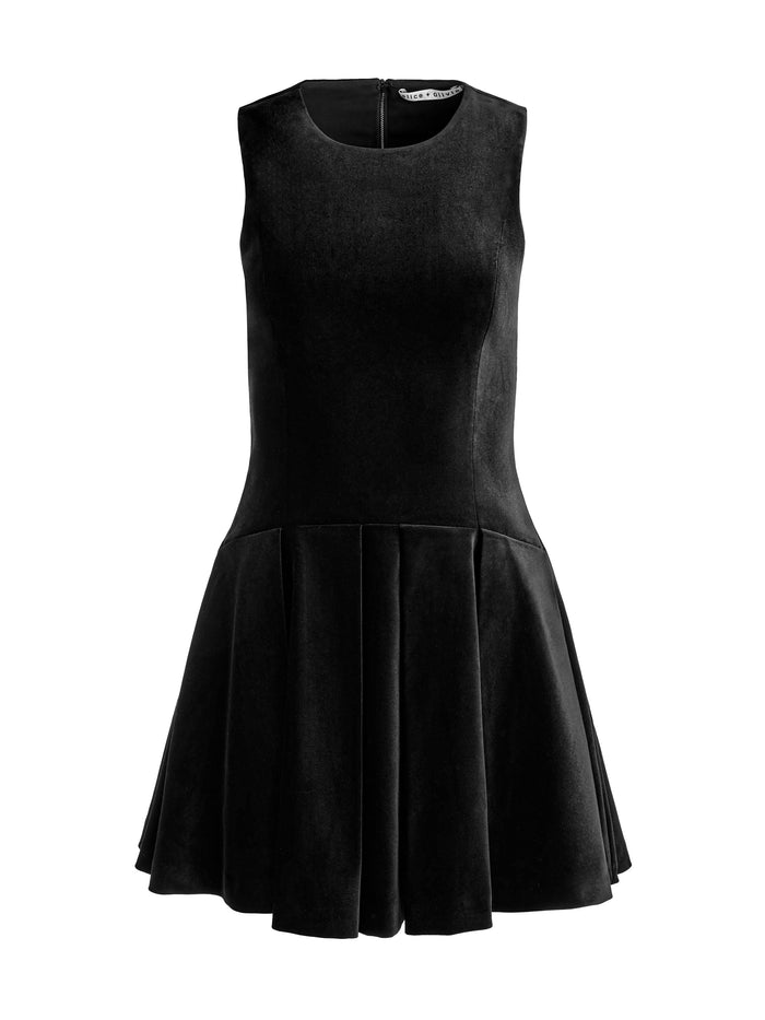 ADLEY SLVLSS CREW NK DROP WAIST FLARE MINI DRESS - BLACK