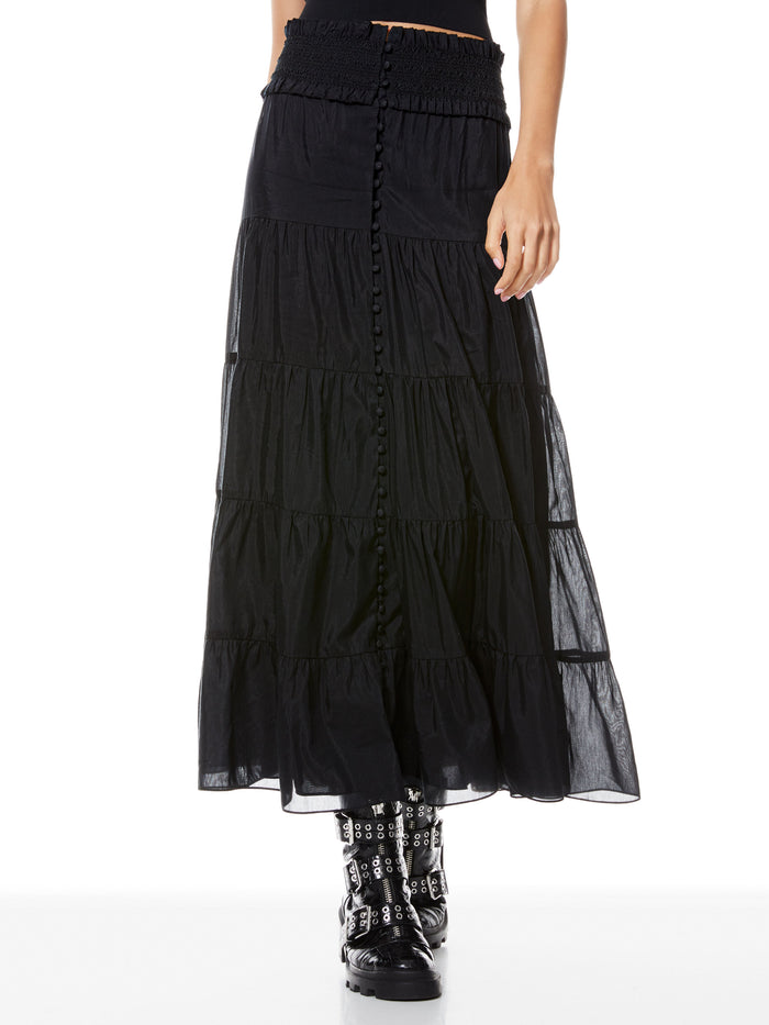 AISHA BUTTON FRONT MIDI SKIRT - BLACK