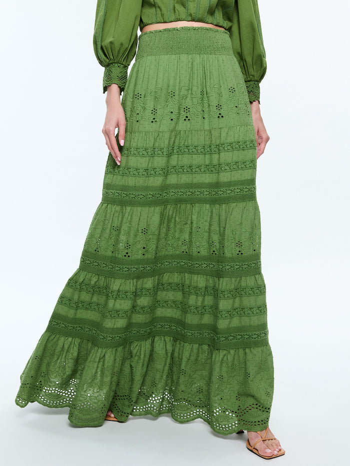 AISHA TIERED MAXI SKIRT - AVOCADO
