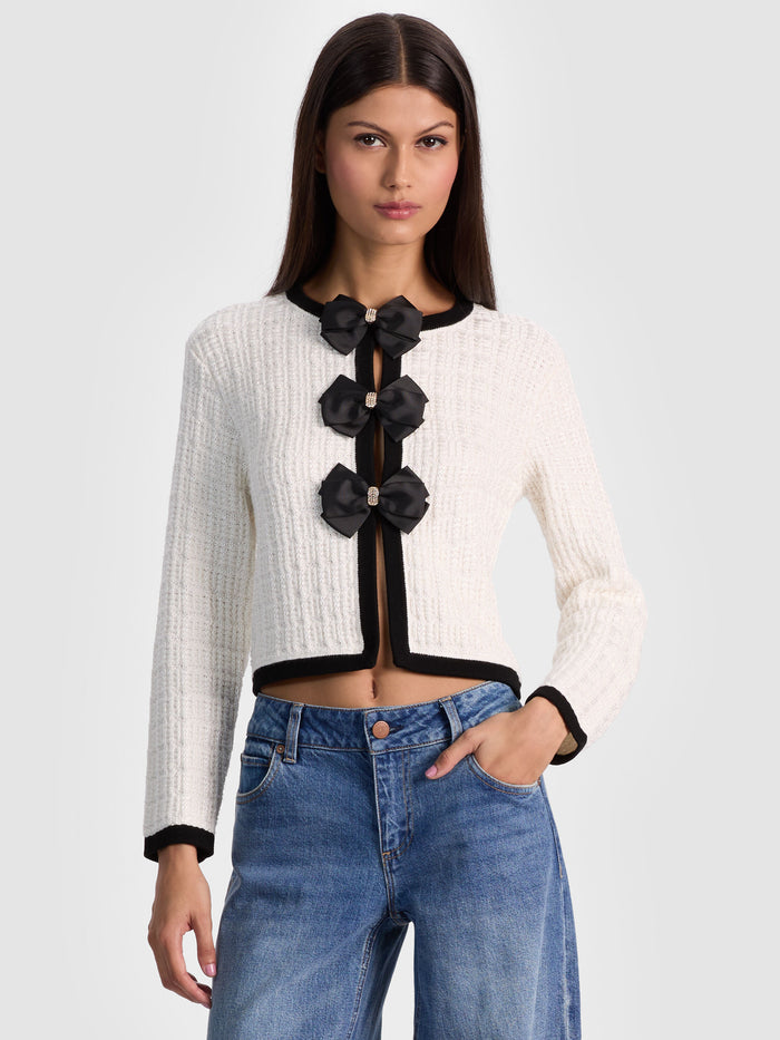AKIRA BOW CARDIGAN - SOFT WHITE/BLACK