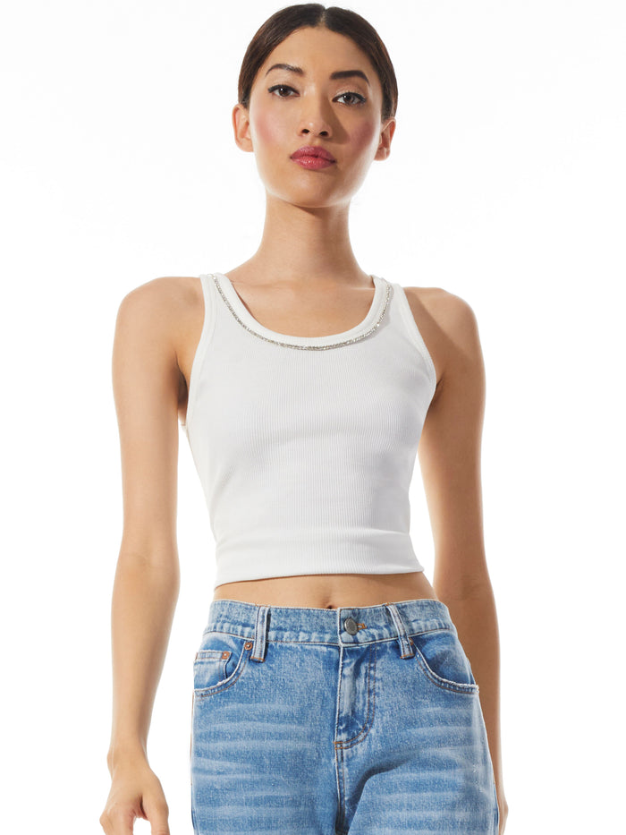 ALLEN EMBELLISHED NECK RIBBED TANK - OFF WHITE