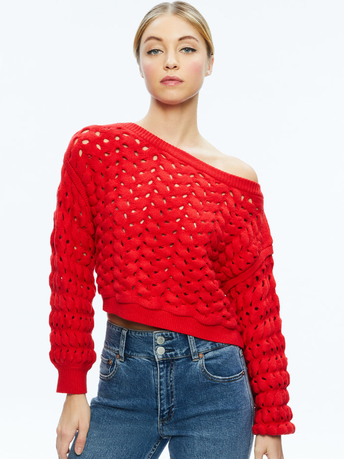 ALLENE CABLE KNIT CREWNECK - BRIGHT RUBY