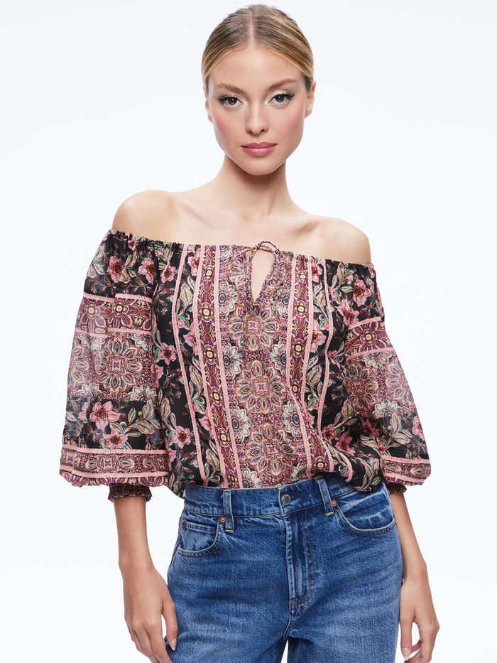ALTA EMBROIDERED OFF THE SHOULDER BLOUSE - CANOPY TILE BLACK