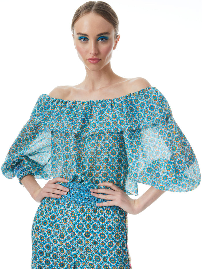ALTA OFF THE SHOULDER RUFFLE BLOUSE - WASHED GEO