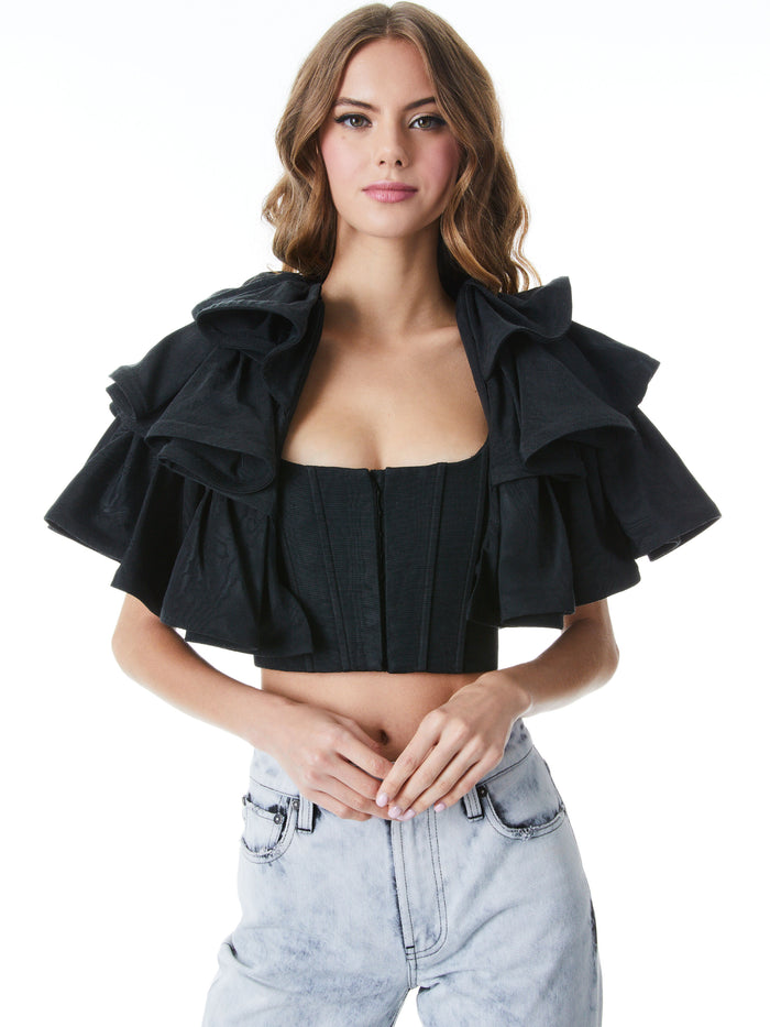 ALY TIERED RUFFLE CAPELET - BLACK