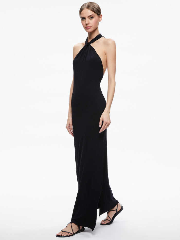 AMAYA HALTER NECK HIGH SLIT DRESS - BLACK