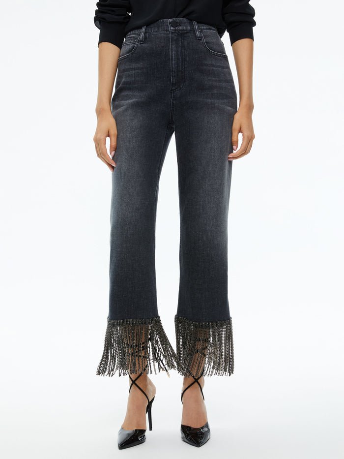 AMAZING CRYSTAL FRINGE HEM JEAN - MAYA CHARCOAL BLACK