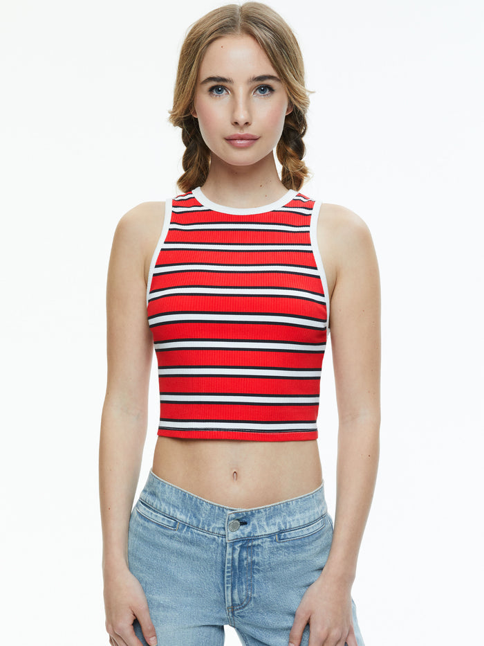 ANDRE FITTED CROPPED TANK - TEAKWOOD STRIPE BRIGHT RUBY