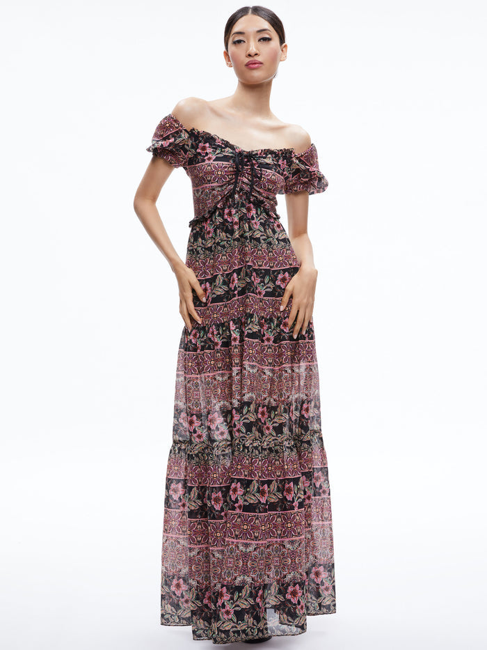 ANDREA PUFF SLEEVE MAXI DRESS - CANOPY TILE BLACK