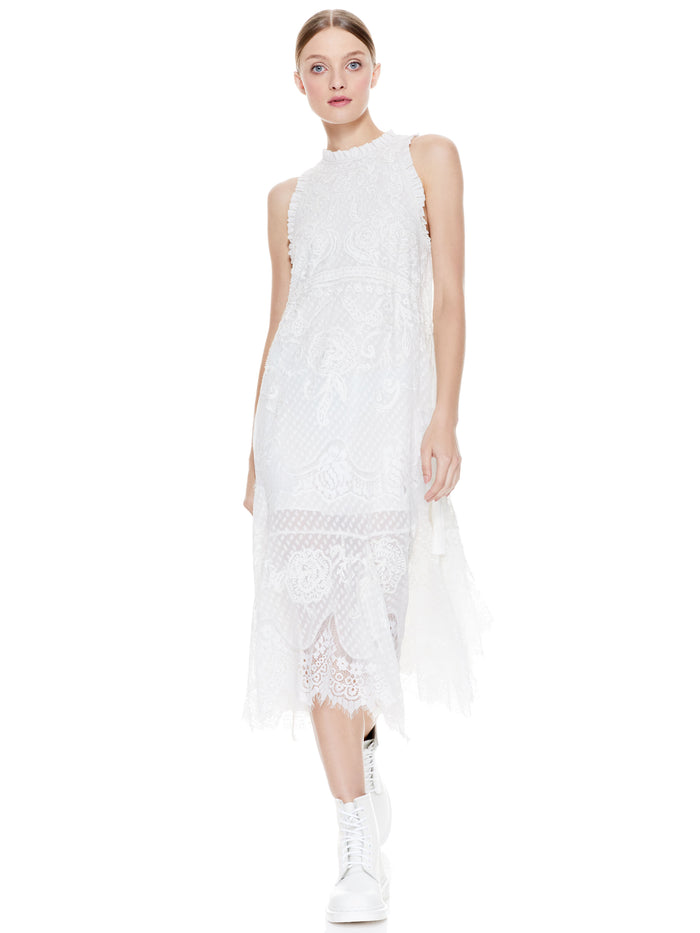 ANGELYN LACE DRAWSTRING WAIST MIDI DRESS - OFF WHITE