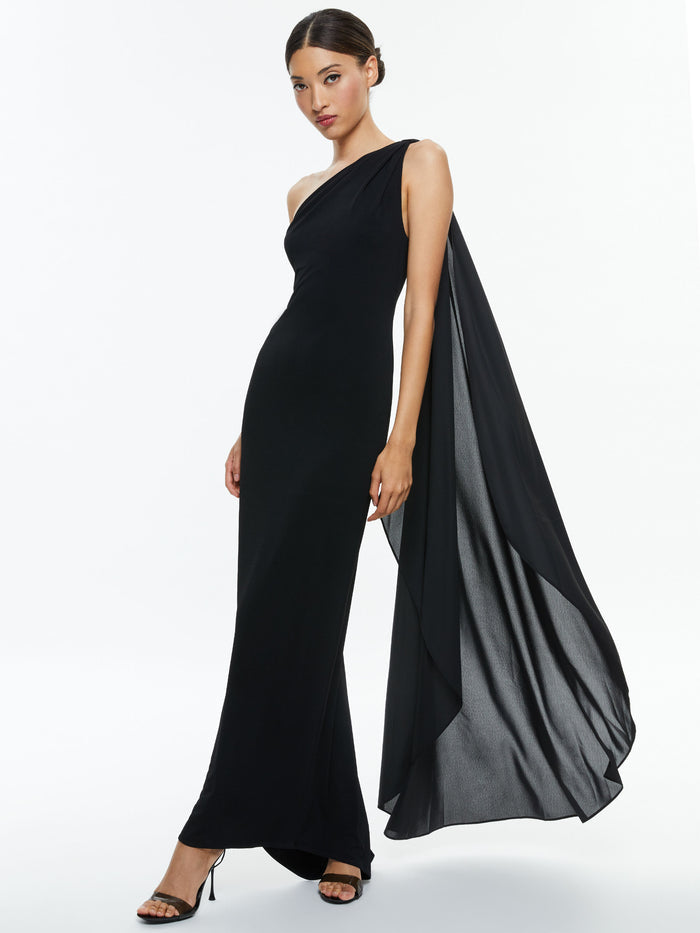 ANJA ONE SHOULDER DRAPED MAXI DRESS - BLACK