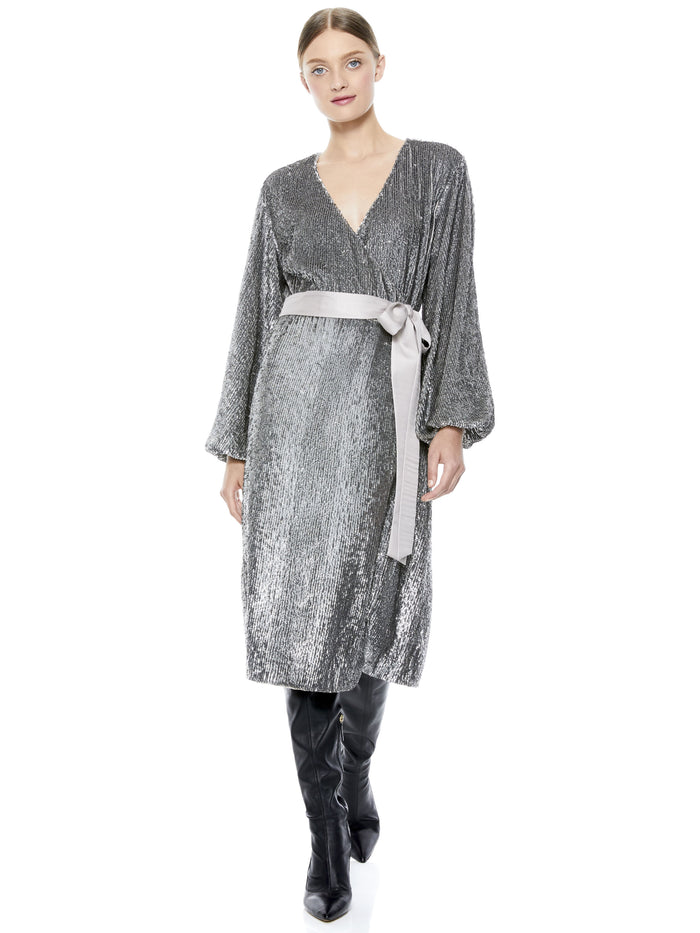 ANNE SEQUIN WRAP MIDI DRESS - SILVER/GUNMETAL