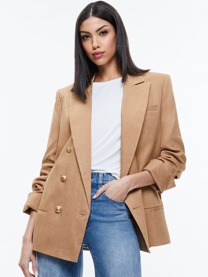 ANTHONY LINEN DOUBLE BREASTED BLAZER - TAN