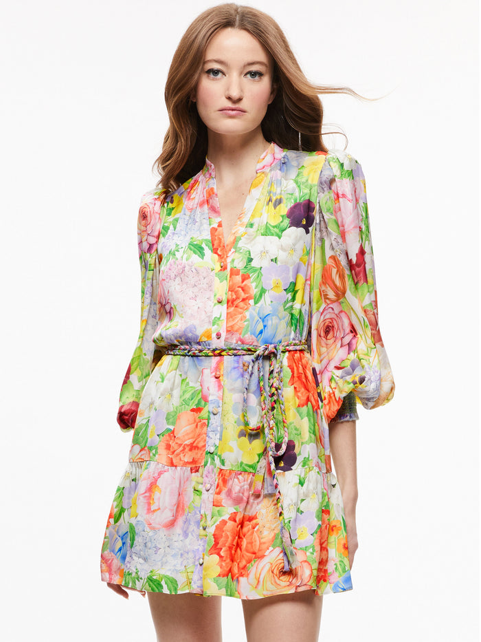 ANTONETTE LONG SLEEVE BUTTON FRONT MINI DRESS - DAWN FLORAL