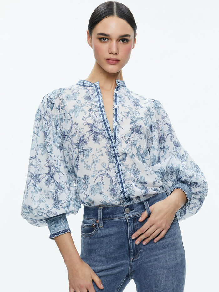 APRIL PLEATED BLOUSON SLEEVE TOP - JE L'ADORE SPRING SKY