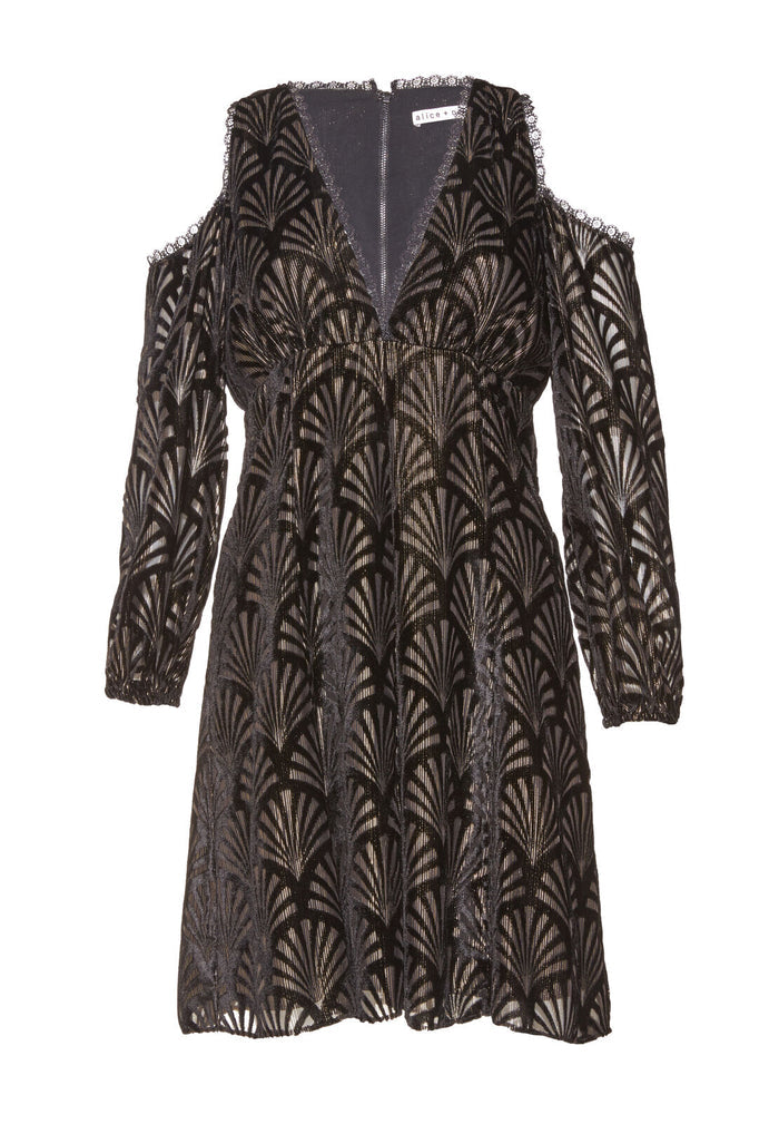 ARLA CLD SHLDR DP VNK FLRE DRS - BLACK/GOLD