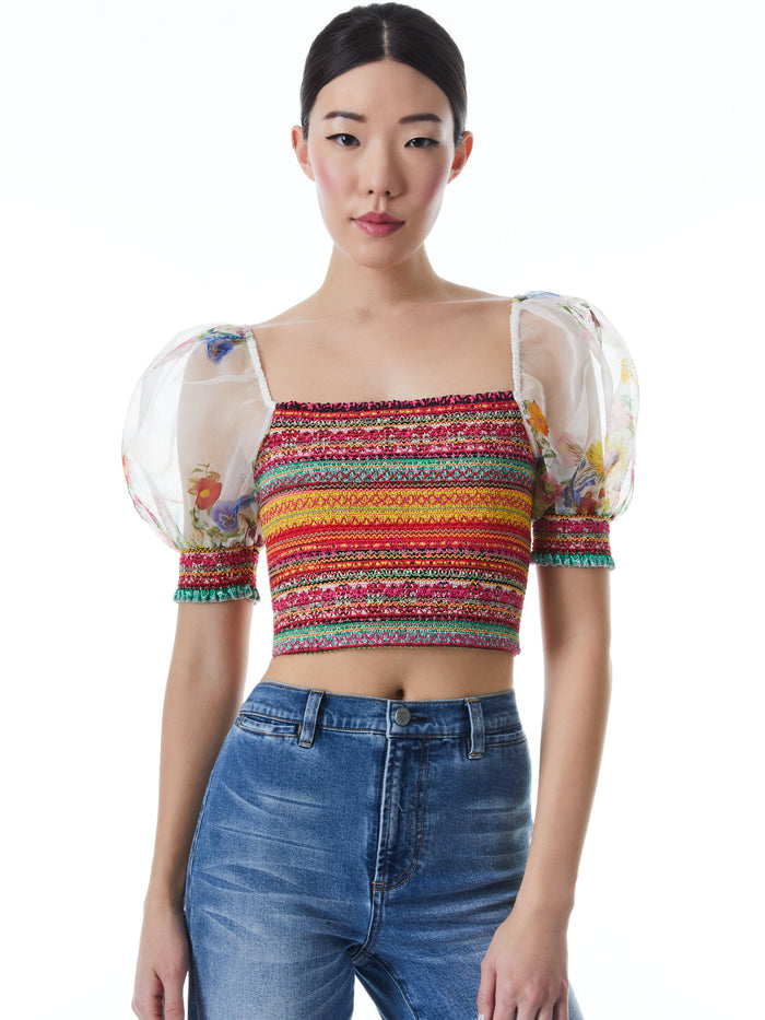 ARNELLE PUFF SLEEVE SMOCKED TOP - SUNDAY STROLL OFF WHITE/MULTI