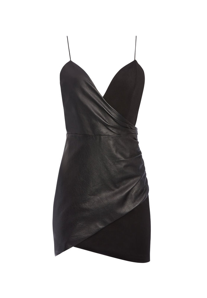 ASHANTI LEATHER COMBO MINI DRESS - BLACK