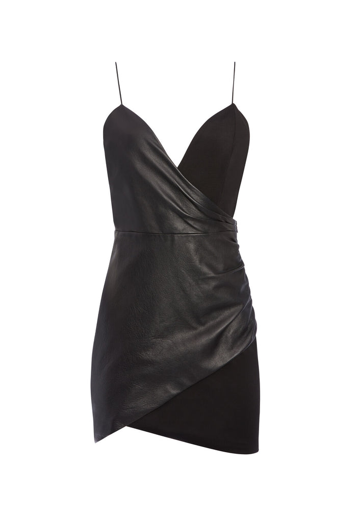 ASHANTI LEATHER COMBO MINI DRESS - BLACK