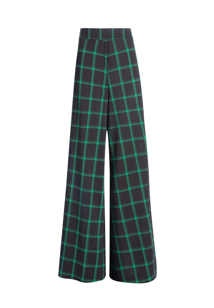 ATHENA FLARED WIDE LEG PANT - MD PLAID BLACK/EMERALD