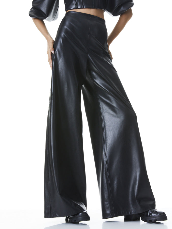 ATHENA VEGAN LEATHER WIDE LEG PANT - BLACK