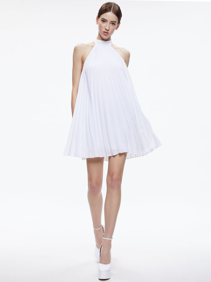 AVIANA HALTERNECK SUNBURST PLEAT MINI DRESS - WHITE