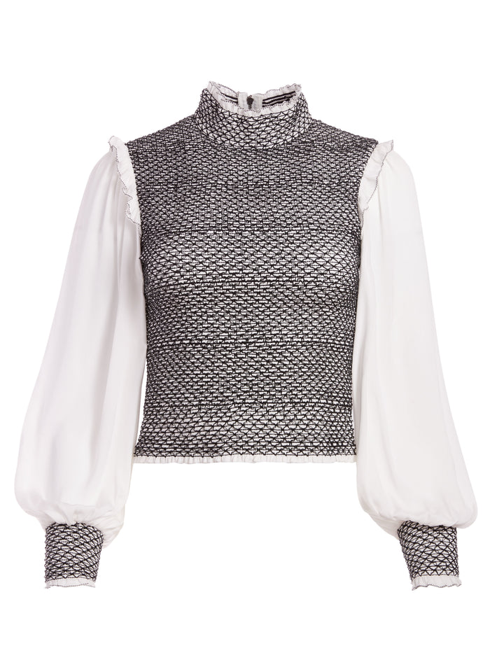 AVIVA SMOCKED BLOUSE - OFF WHITE/BLACK