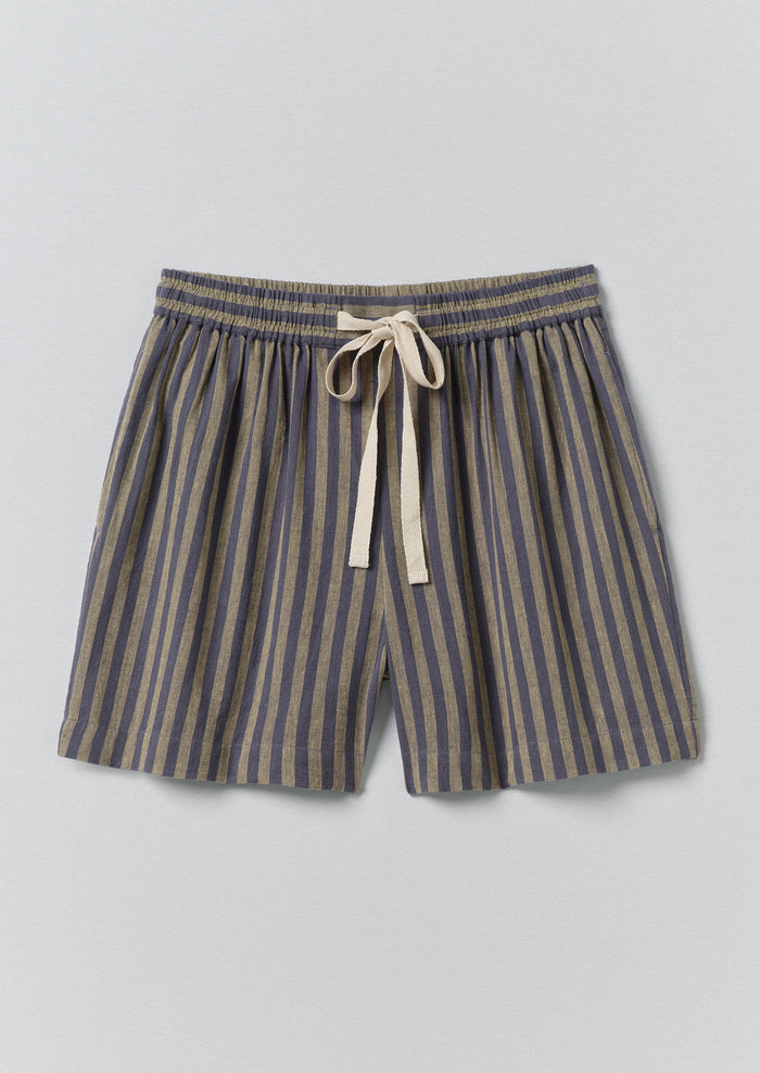Awning Stripe Cotton Linen Pajama Shorts | Catkin/Denim Blue