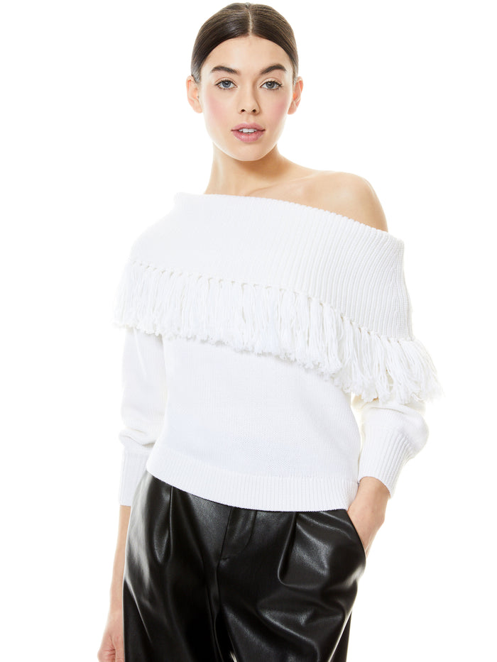 BARDOT FRINGE OFF THE SHOULDER PULLOVER - SOFT WHITE