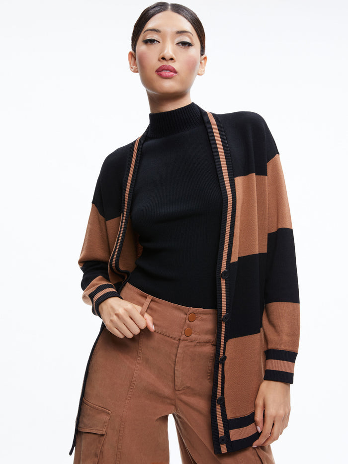 BARRY OVERSIZED V-NECK CARDIGAN - CAMEL/BLACK STRIPE