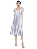 BAUERY PUFF SLEEVE MIDI DRESS - CREAM/BLUE