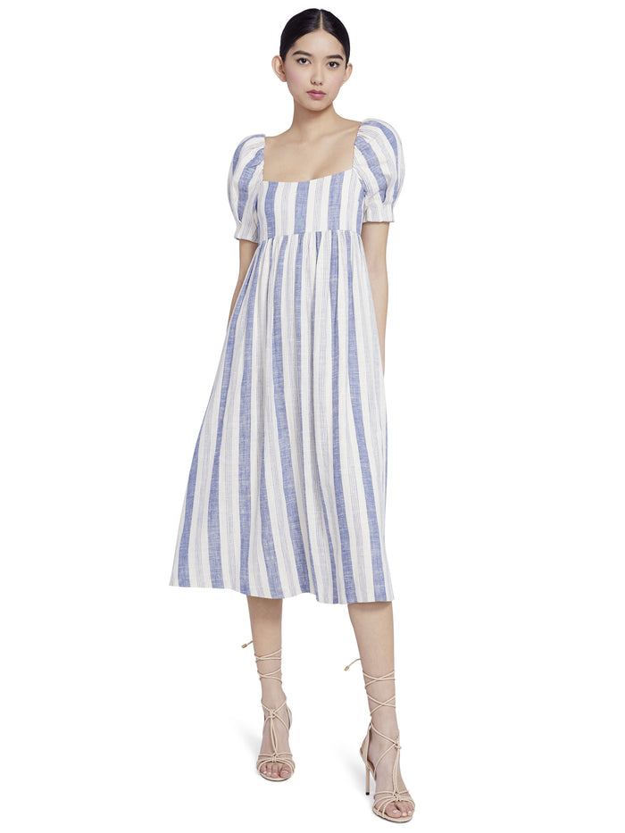 BAUERY PUFF SLEEVE MIDI DRESS - CREAM/BLUE
