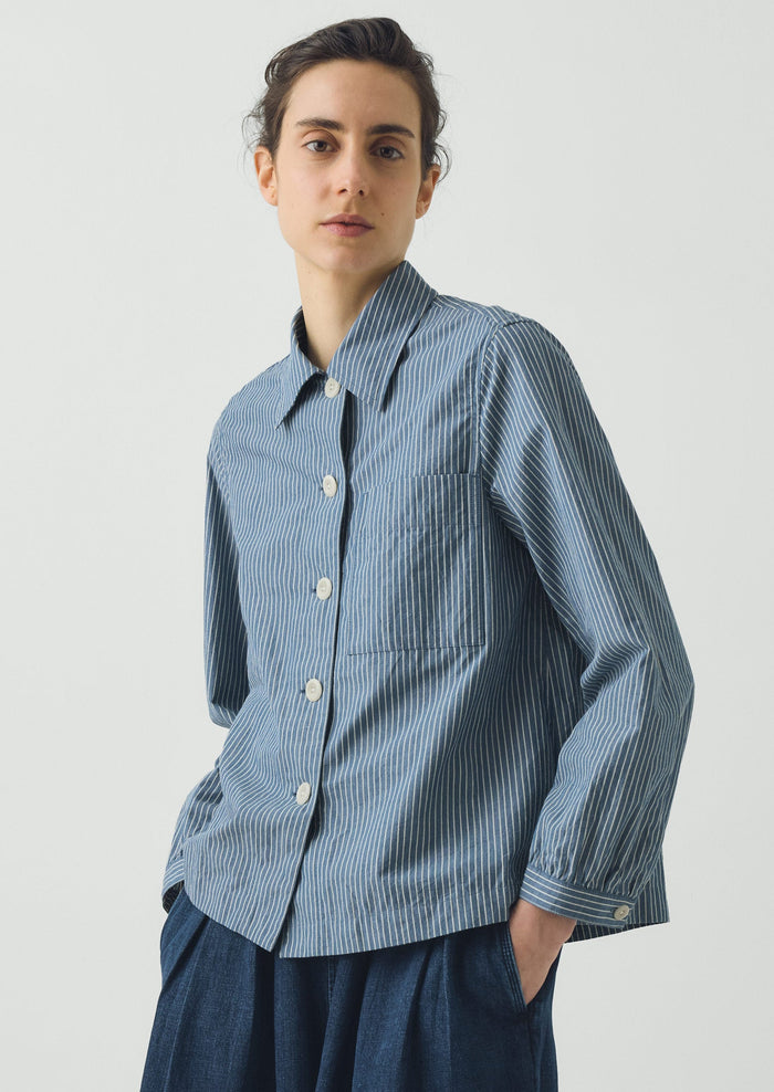 Baya Patch Pocket Stripe Cotton Shirt | Chambray Blue/Ecru