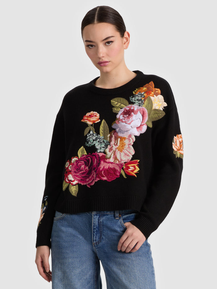 BELVA FLORAL JACQUARD CREWNECK - BLACK MULTI