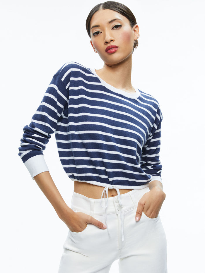 BERNETTA CROPPED CASHMERE PULLOVER - INDIGO/SOFT WHITE