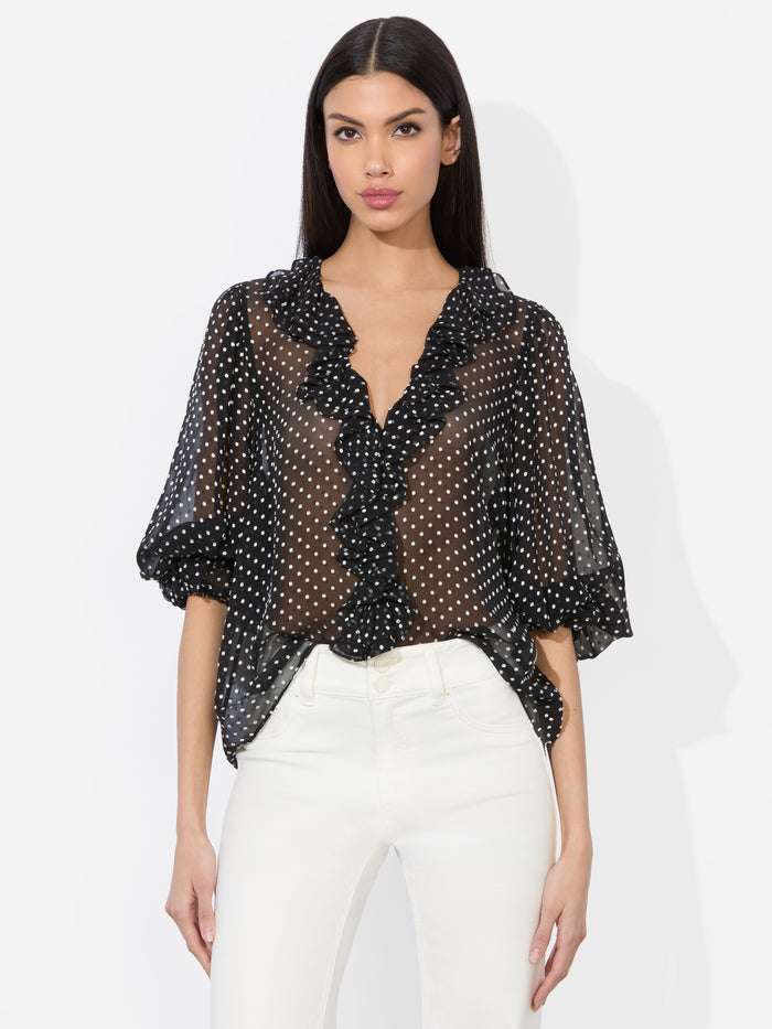 BETSIE RUFFLED BLOUSE - BLACK/OFF WHITE POLKA DOT