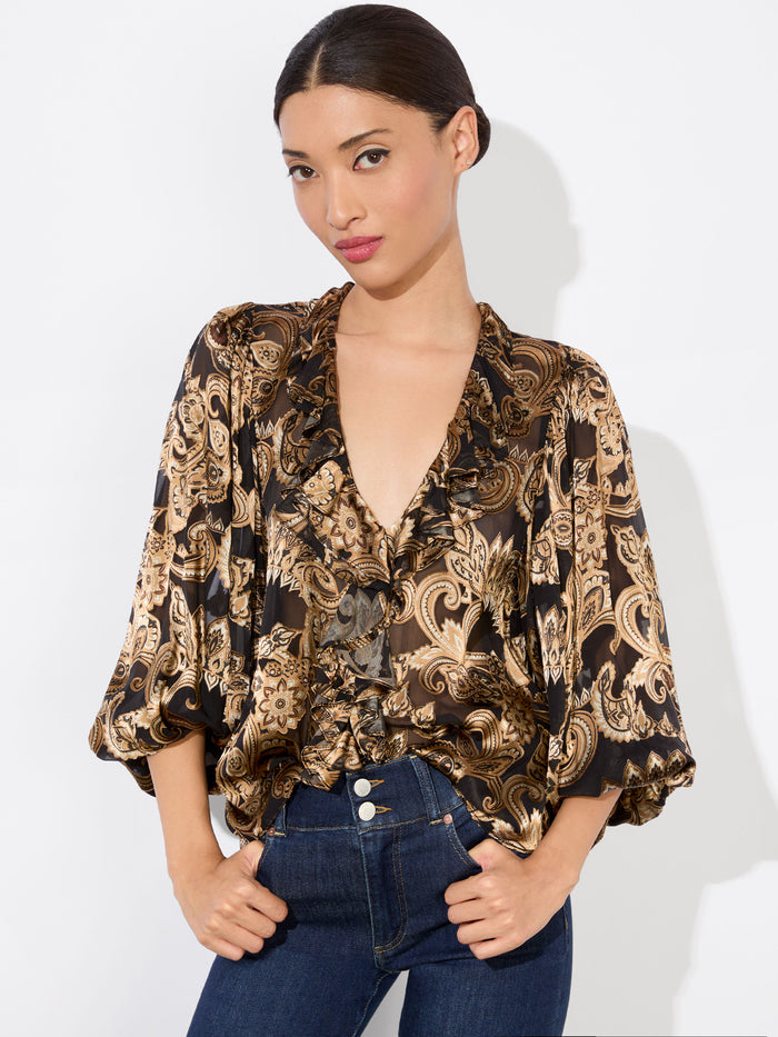 BETSIE RUFFLED BLOUSE - SPRING PAISLEY BLACK