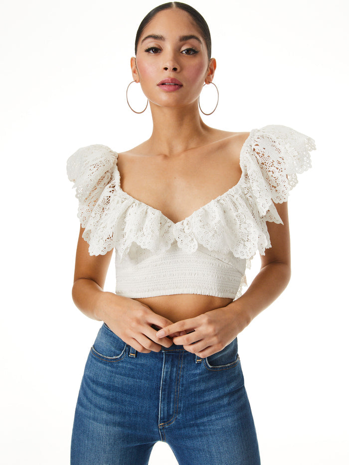 BLEEKER EYELET SMOCKED CROP TOP - OFF WHITE
