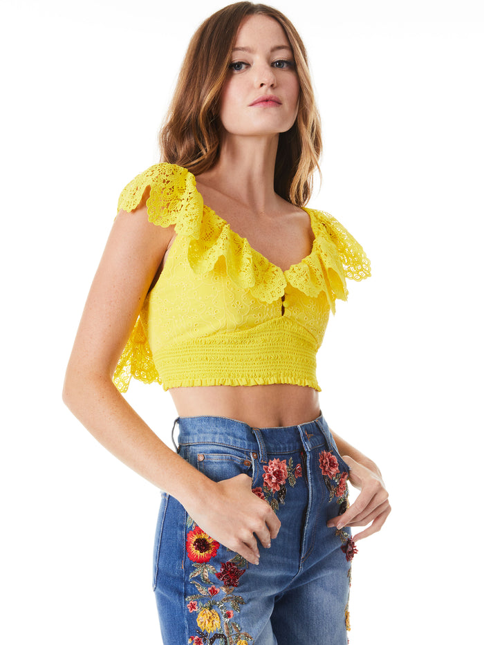BLEEKER EYELET SMOCKED CROP TOP - SUNBEAM