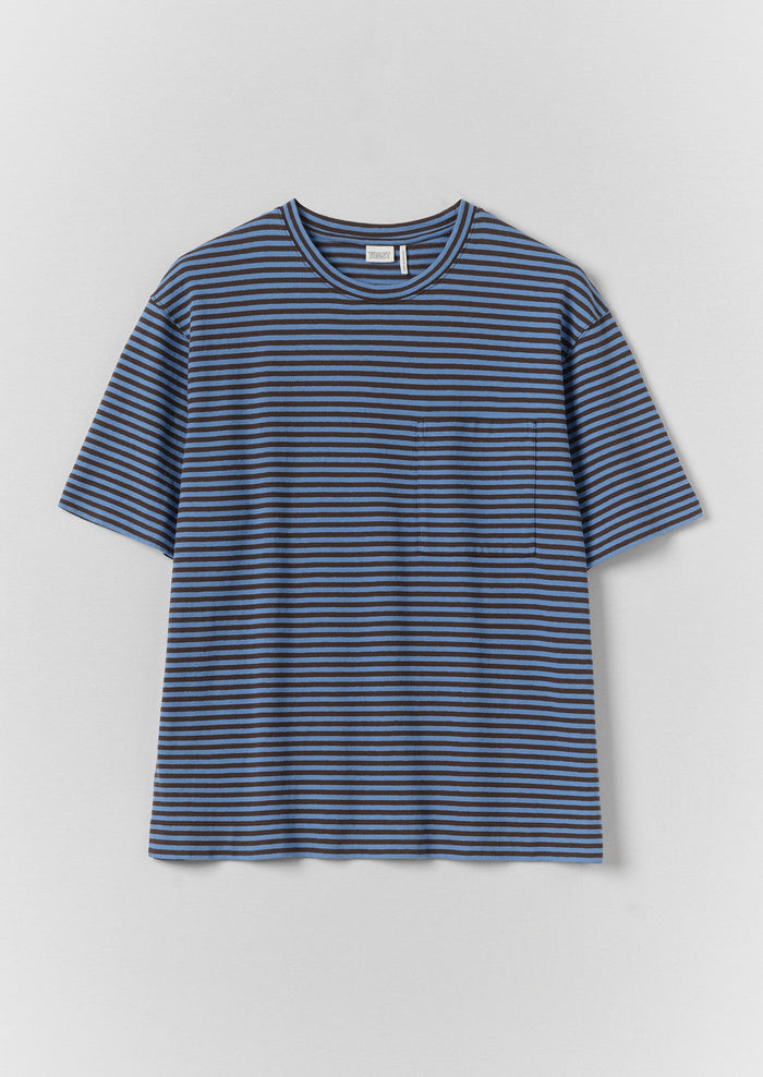 Bold Stripe Cotton Short Sleeve Tee | Azure Blue/Tawny Brown