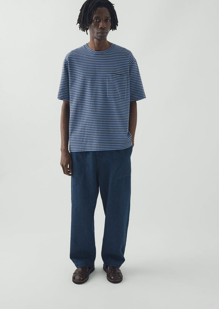 Bold Stripe Cotton Short Sleeve Tee | Azure Blue/Tawny Brown