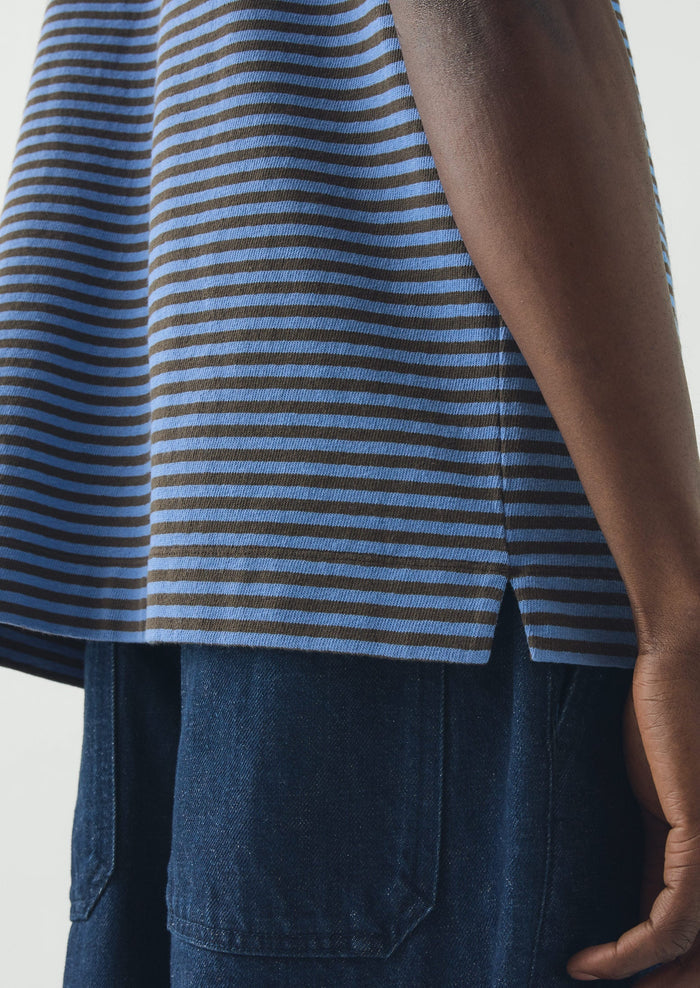 Bold Stripe Cotton Short Sleeve Tee | Azure Blue/Tawny Brown