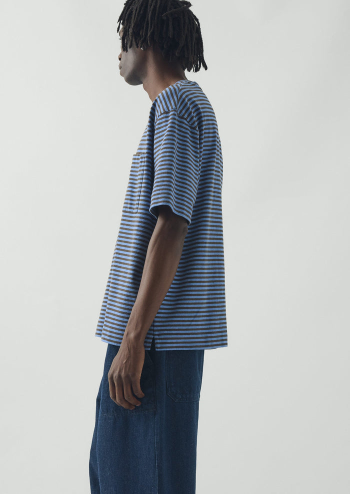 Bold Stripe Cotton Short Sleeve Tee | Azure Blue/Tawny Brown