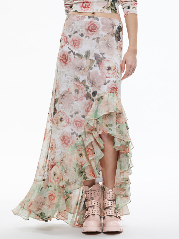 BRAYLEE ASSYMETRIC RUFFLE SLIP SKIRT - MORNINGSIDE FLORAL WHITE