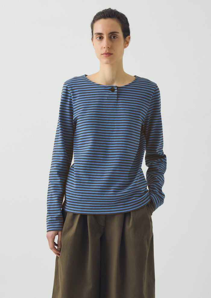 Breezy Stripe Jersey Tee | Azure Blue/Tawny Brown