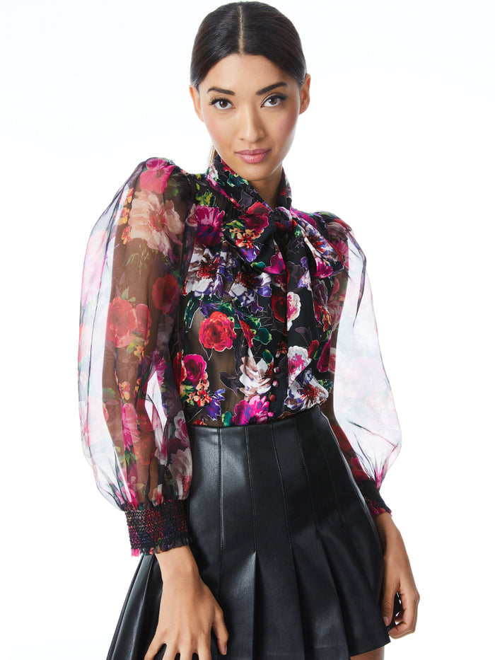 BRENTLEY FLORAL TIE NECK BLOUSE - MIDNIGHT ROSE