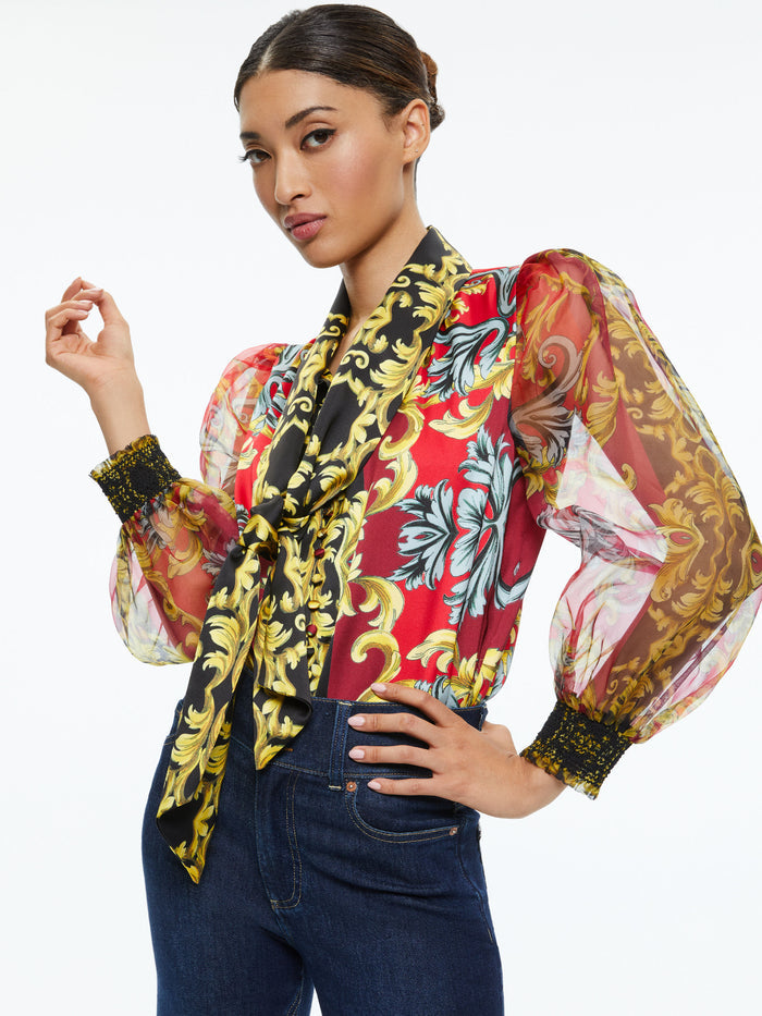 BRENTLEY TIE NECK BLOUSE - REGAL ROMANCE BORDEAUX