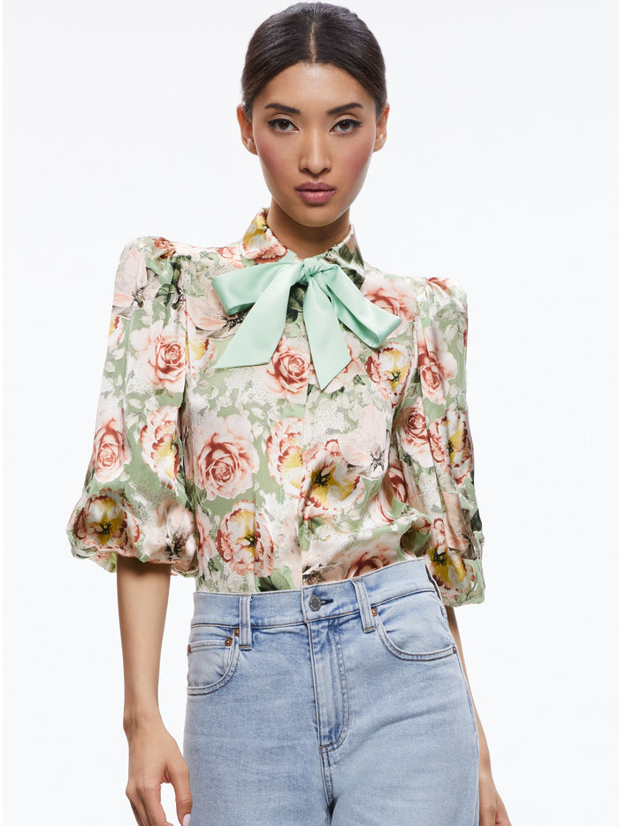 BRENTLEY TIE NECK BLOUSON SLEEVE BLOUSE - MORNINGSIDE FLORAL PISTACHIO