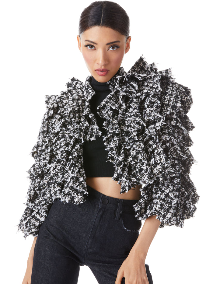BRITTON RUFFLED CROPPED 3/4 SLEEVE JACKET - BLACK/OFF WHITE
